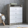 Kids changing dresser in elm wood and white, with three drawers and changing top ledge