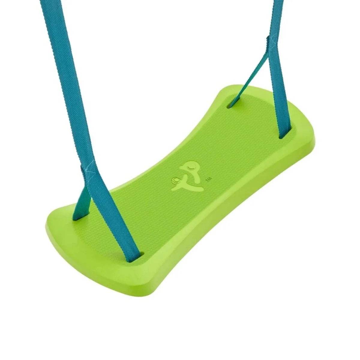 Green swing seat with blue fabric straps and hanging ropes