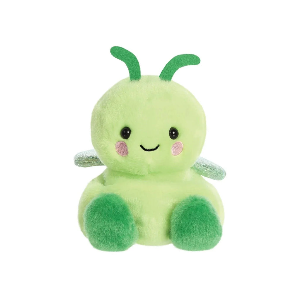 Green plush grasshopper soft toy with smiling face, black bead eyes, and antennae.