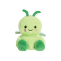 Green plush grasshopper soft toy with smiling face, black bead eyes, and antennae.