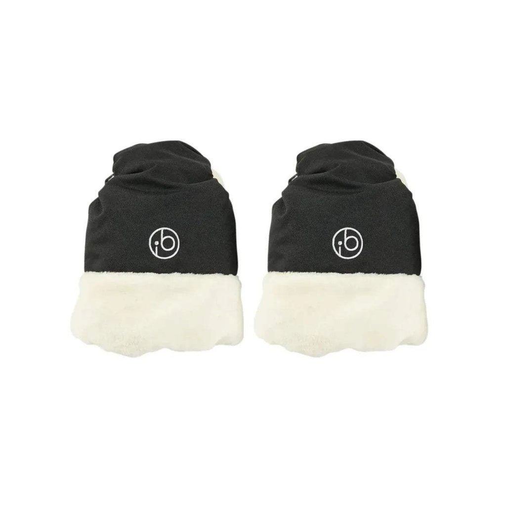 Ickle Bubba pram mitts in black with white faux-fur cuffs, round logo patch