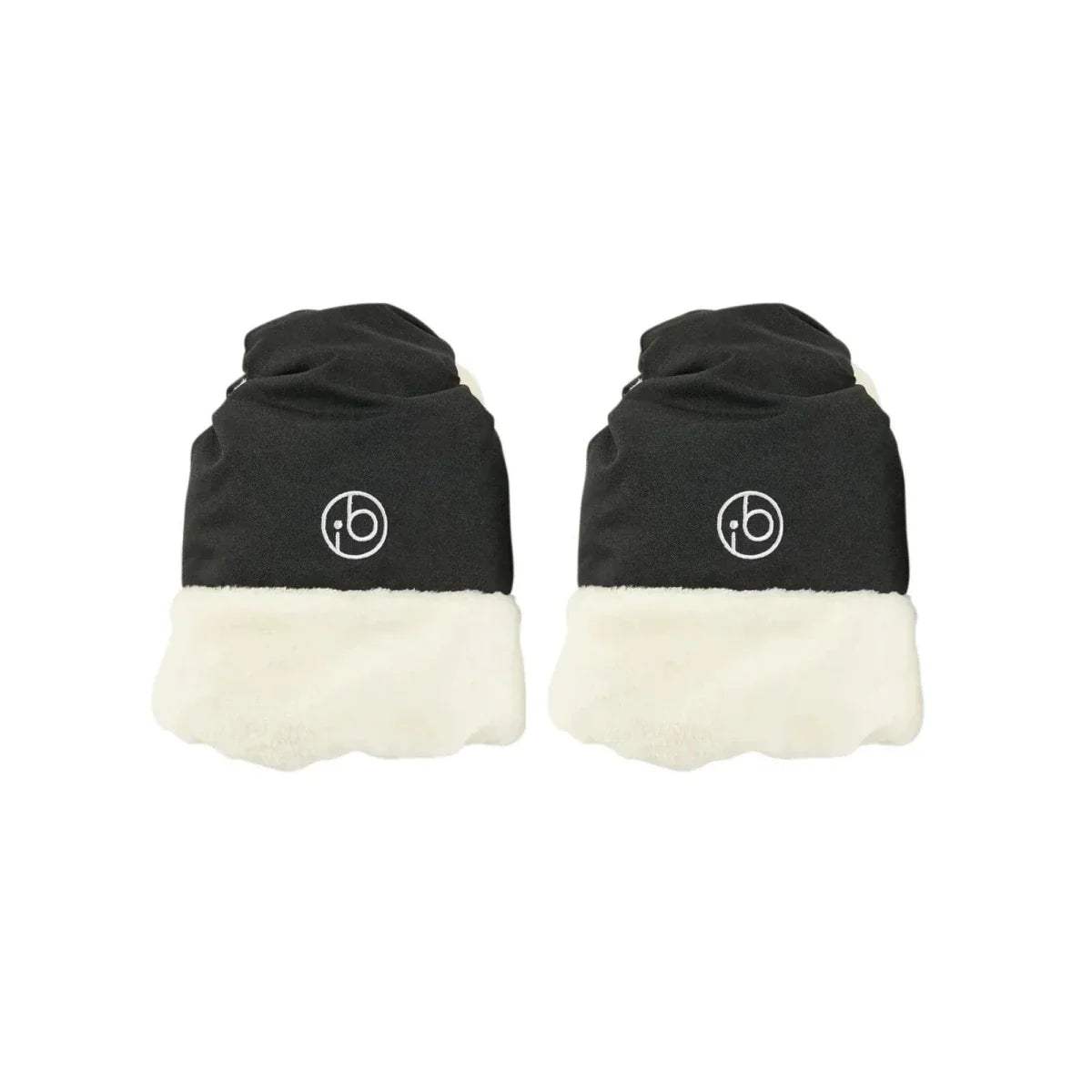 Ickle Bubba pram mitts in black with white faux-fur cuffs, round logo patch