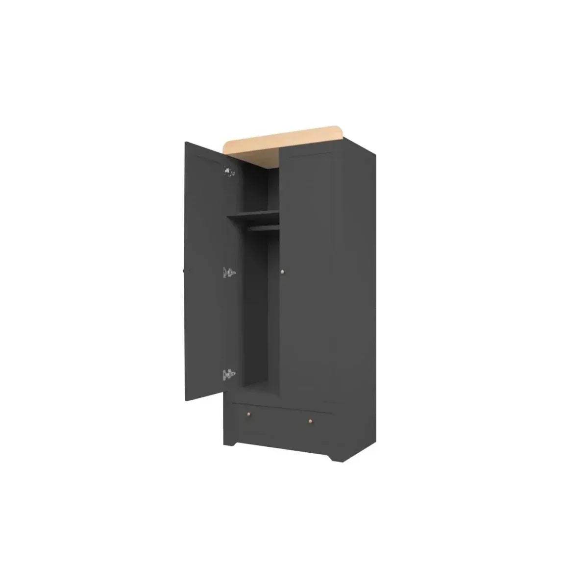 Slate gray wardrobe with open left door, hanging rail inside, honey oak top.