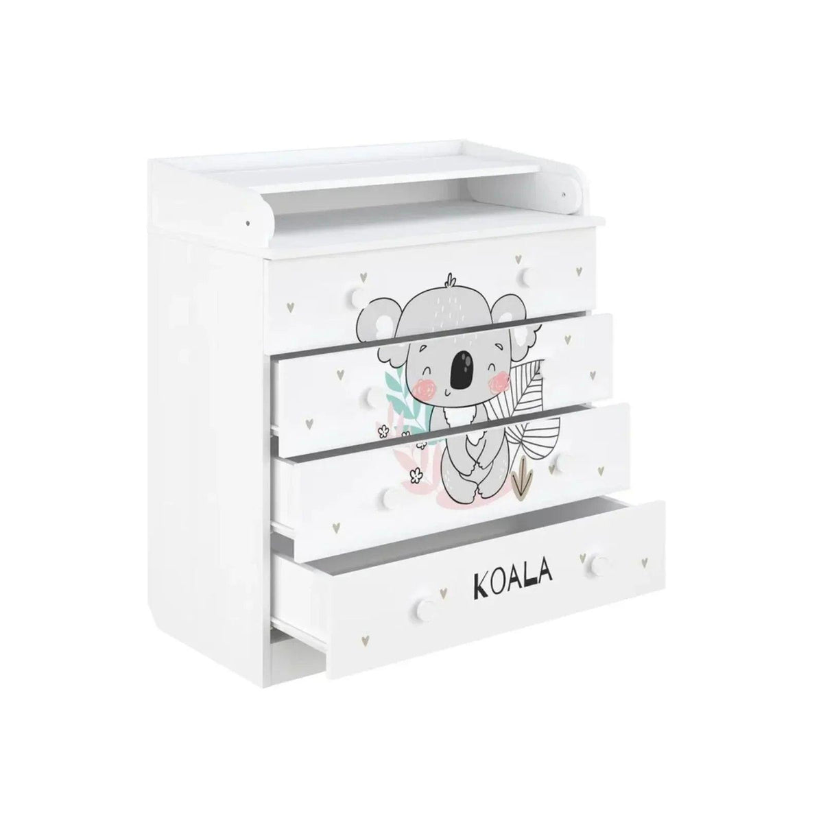 White kids changing dresser with koala artwork, open middle drawer insert, and three drawers