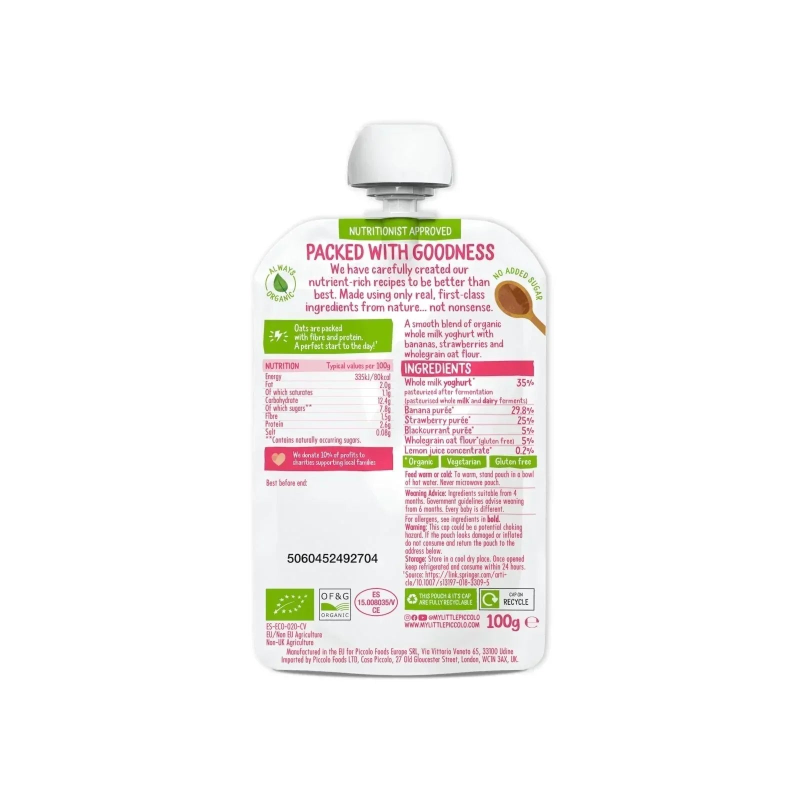 Piccolo Organic Brekkie Strawberry & Banana 6+ months 100g - Bobobiy