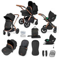 Stroller travel system set in black with bronze handle and tan details, plus car seat and extras