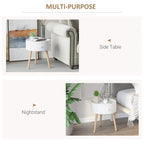White round side table with drawer and light wood legs