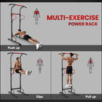 Multi-exercise power rack station with overhead bar and red grips for push-up and dip moves