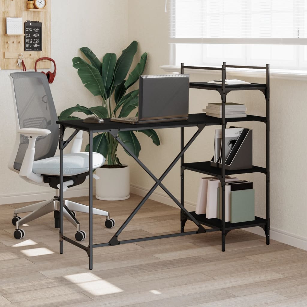 Industrial Wooden Home Office Computer Desk Table With Open Storage Shelves