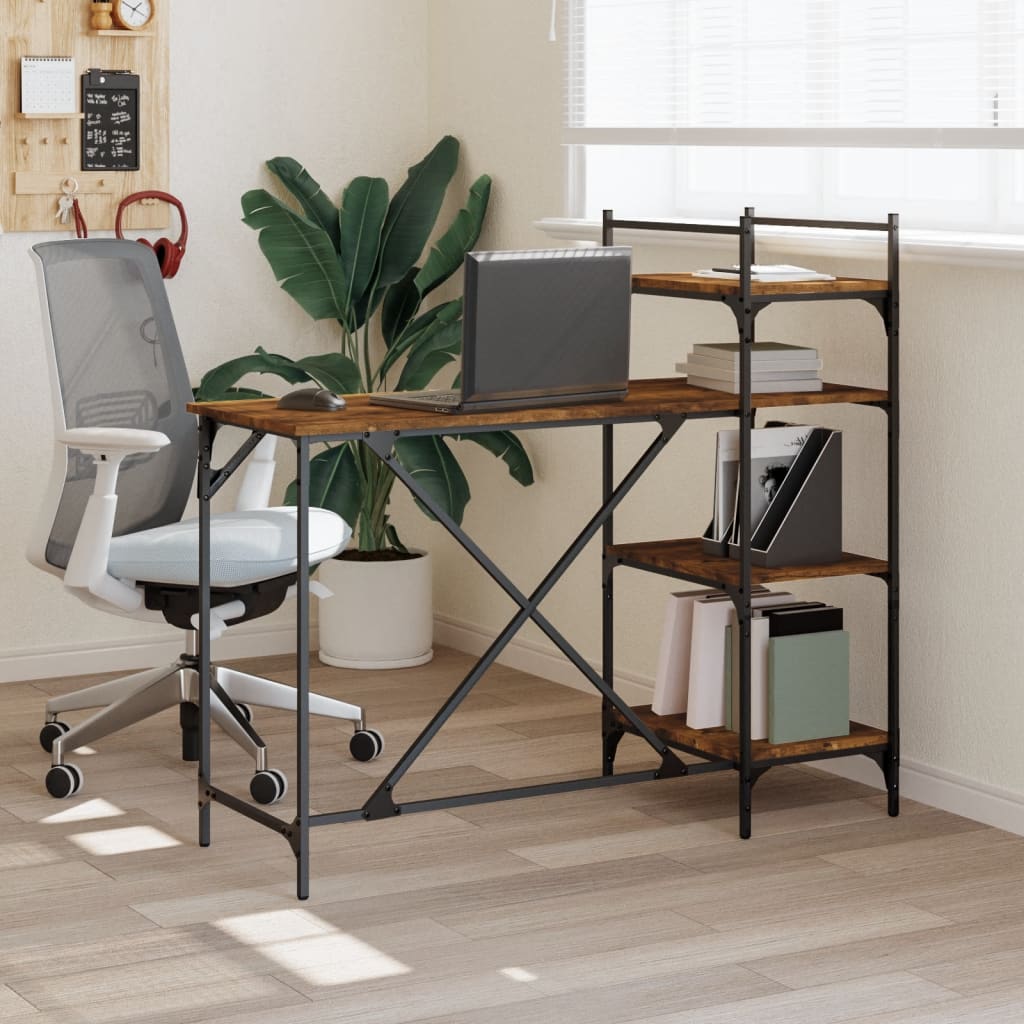 Industrial Wooden Home Office Computer Desk Table With Open Storage Shelves