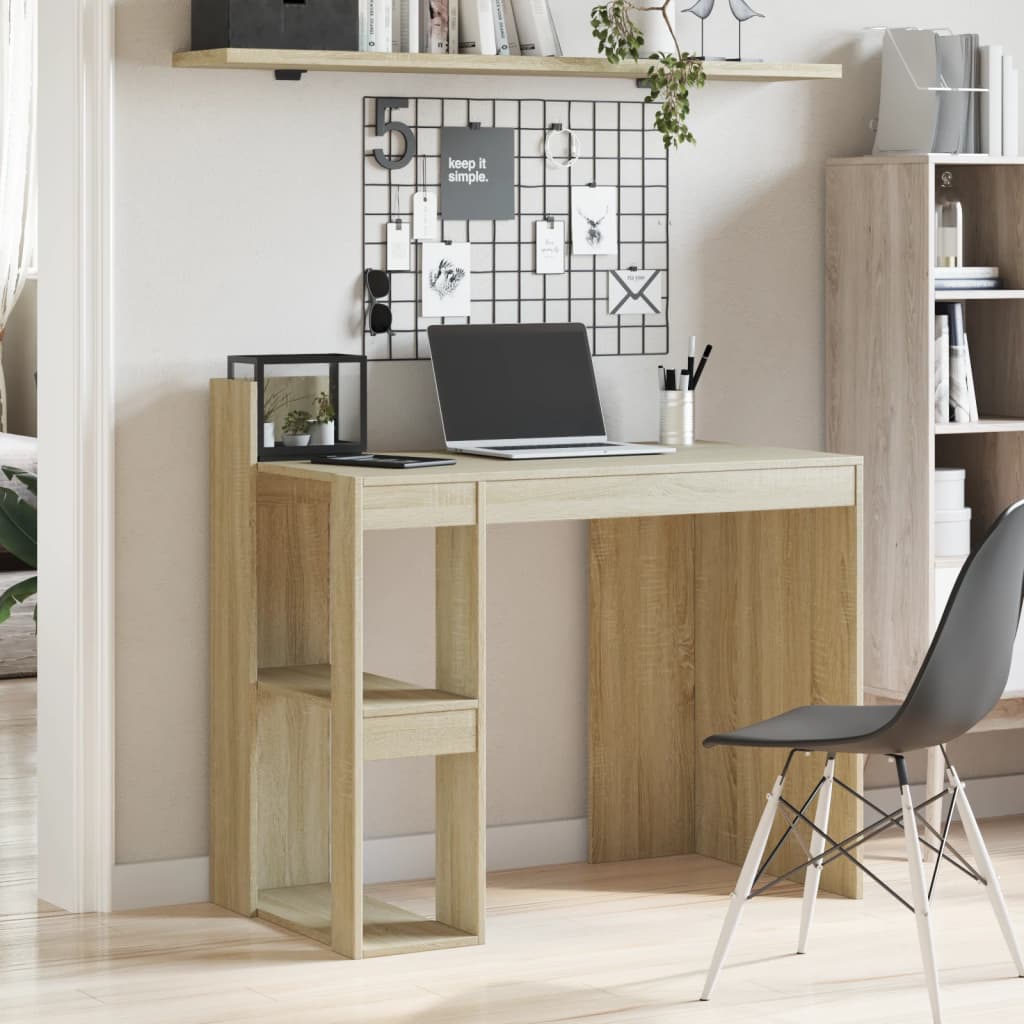 Modern Wooden Home Office Computer Desk Table With Open Storage Shelves Wood