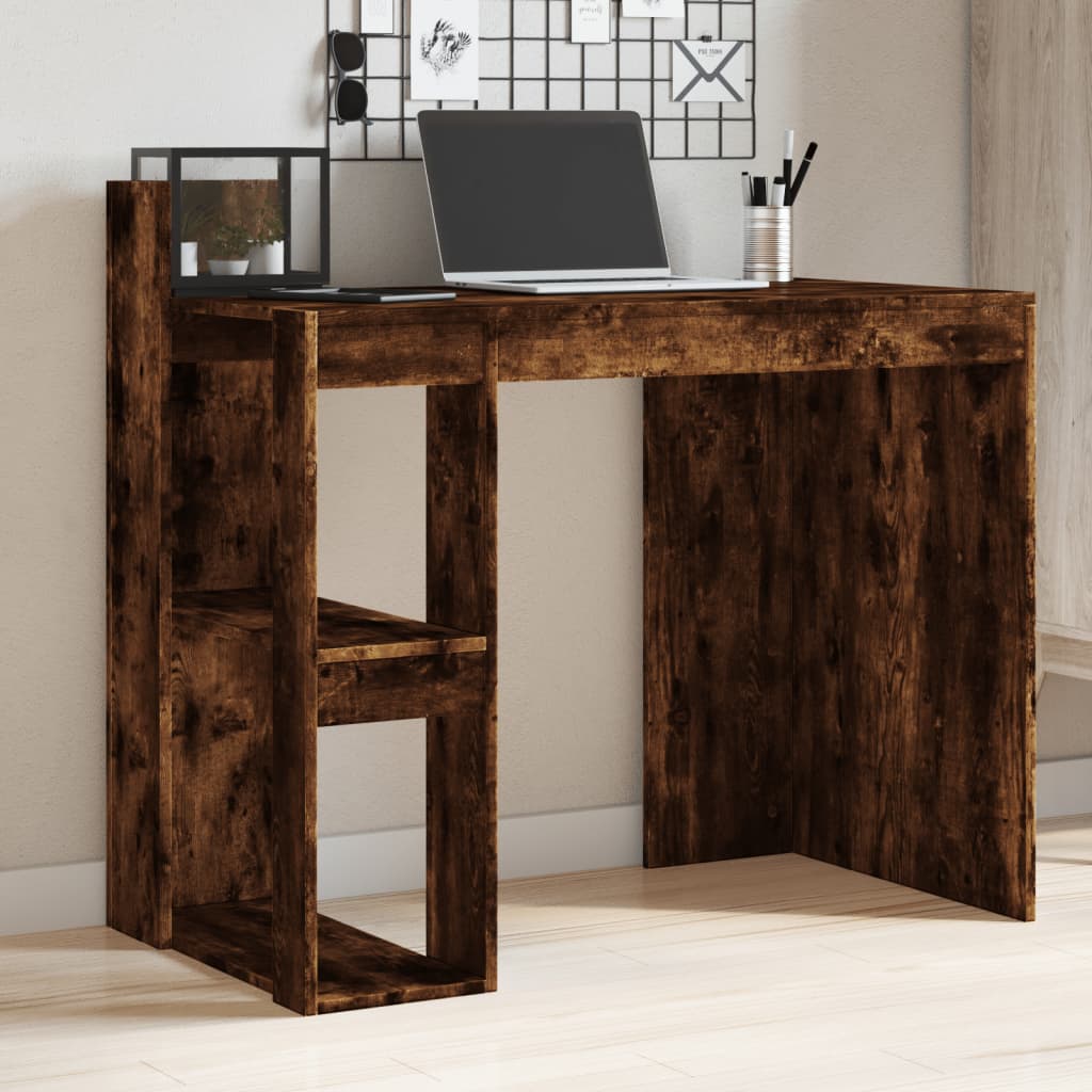 Modern Wooden Home Office Computer Desk Table With Open Storage Shelves Wood