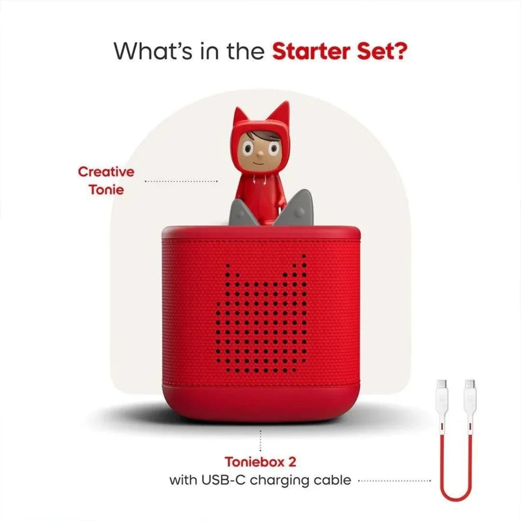 Red Toniebox 2 with Creative Tonie figure and USB-C charging cable