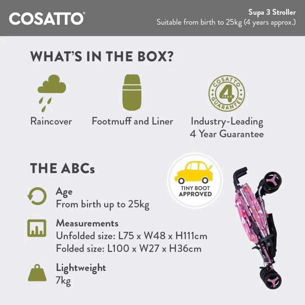 Cosatto Supa 3 stroller product infographic with side view and included item icons
