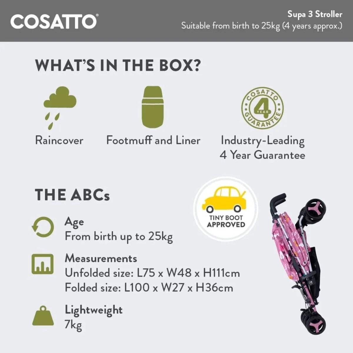 Cosatto Supa 3 stroller product infographic with side view and included item icons
