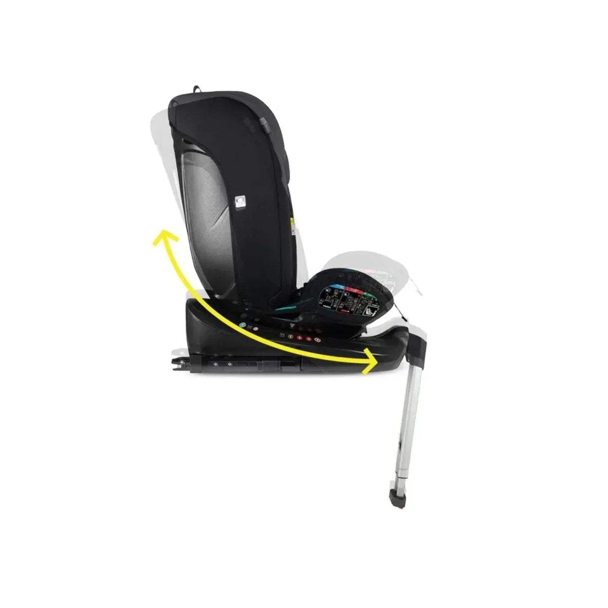360° rotating child car seat, black with recline adjustment on the base.