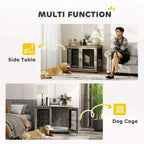 Grey pet crate end table with side table top and two front black wire doors