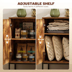 Rustic brown sideboard interior with adjustable shelves and cabinet doors