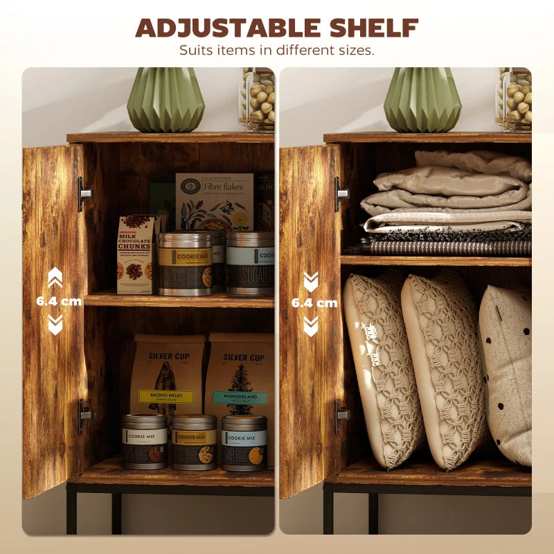 Rustic brown sideboard interior with adjustable shelves and cabinet doors
