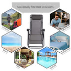 Grey outdoor folding reclining chair with headrest and black powder-coated metal frame