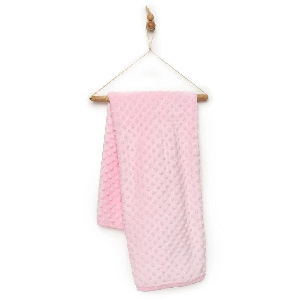 Pink baby fleece blanket, one-size, hanging view with raised dot pattern.