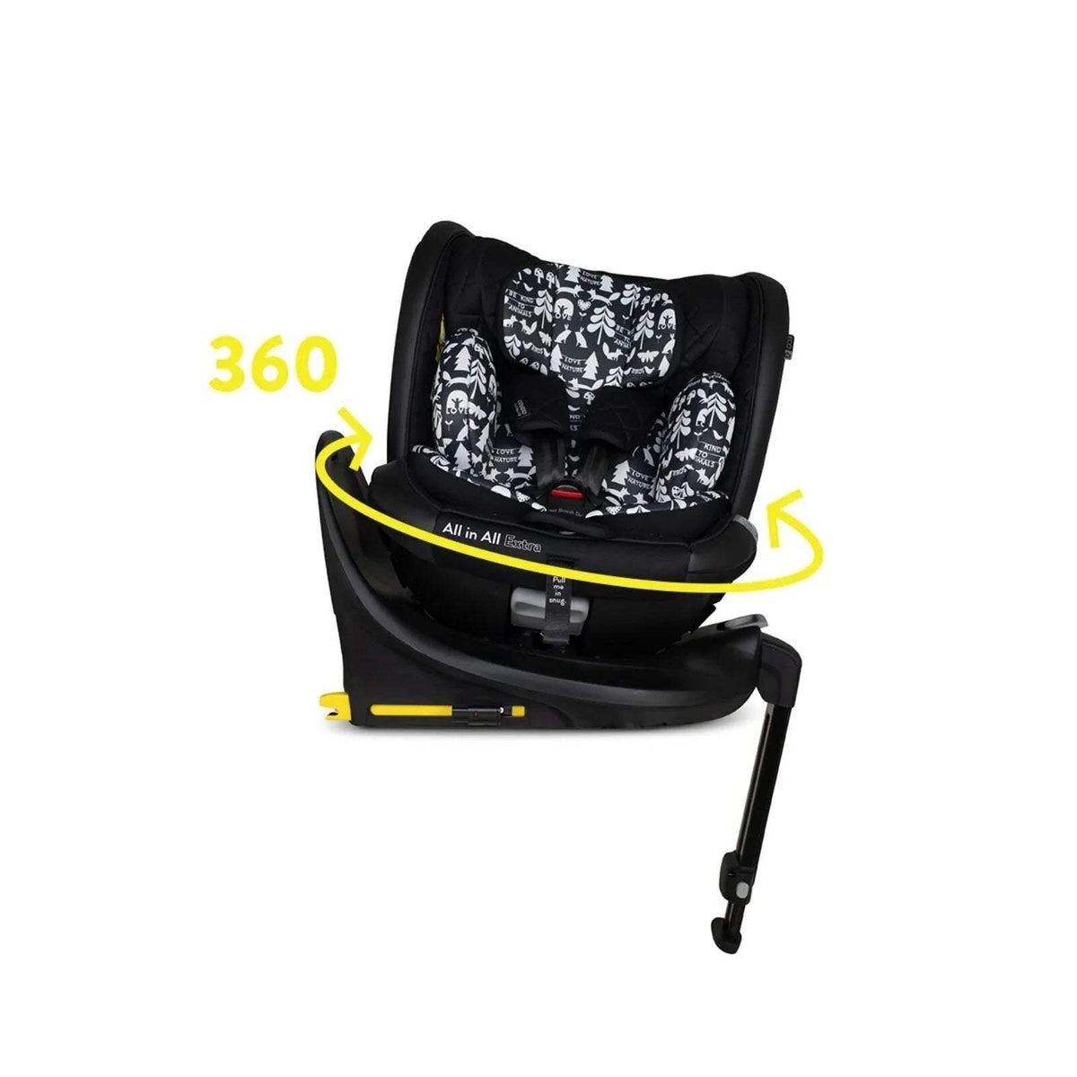 Cosatto i-Size 360 car seat angled view, black shell with white animal print seat insert