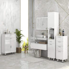 White bathroom storage cabinet with open shelves, drawers, and door storage
