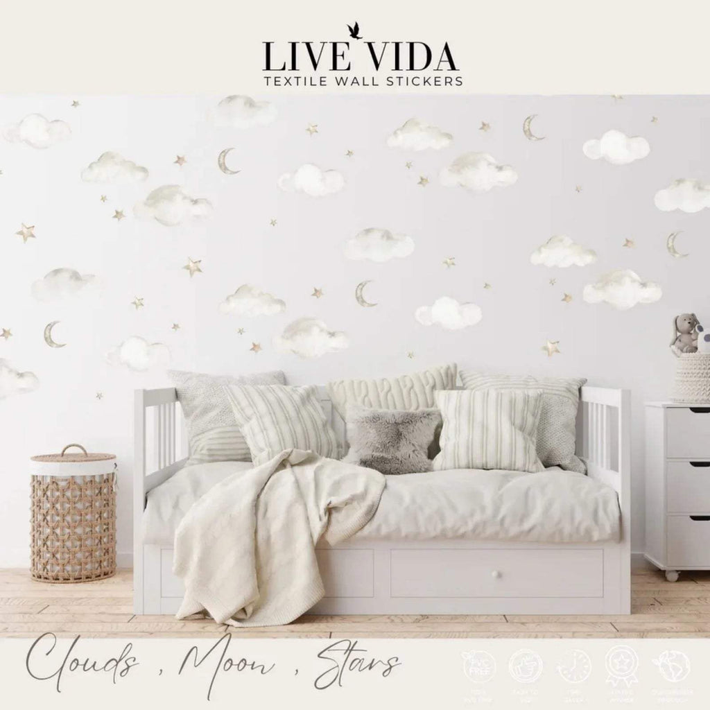 Cloud, moon & star wall stickers above bed; LIVE VIDA logo visible at top