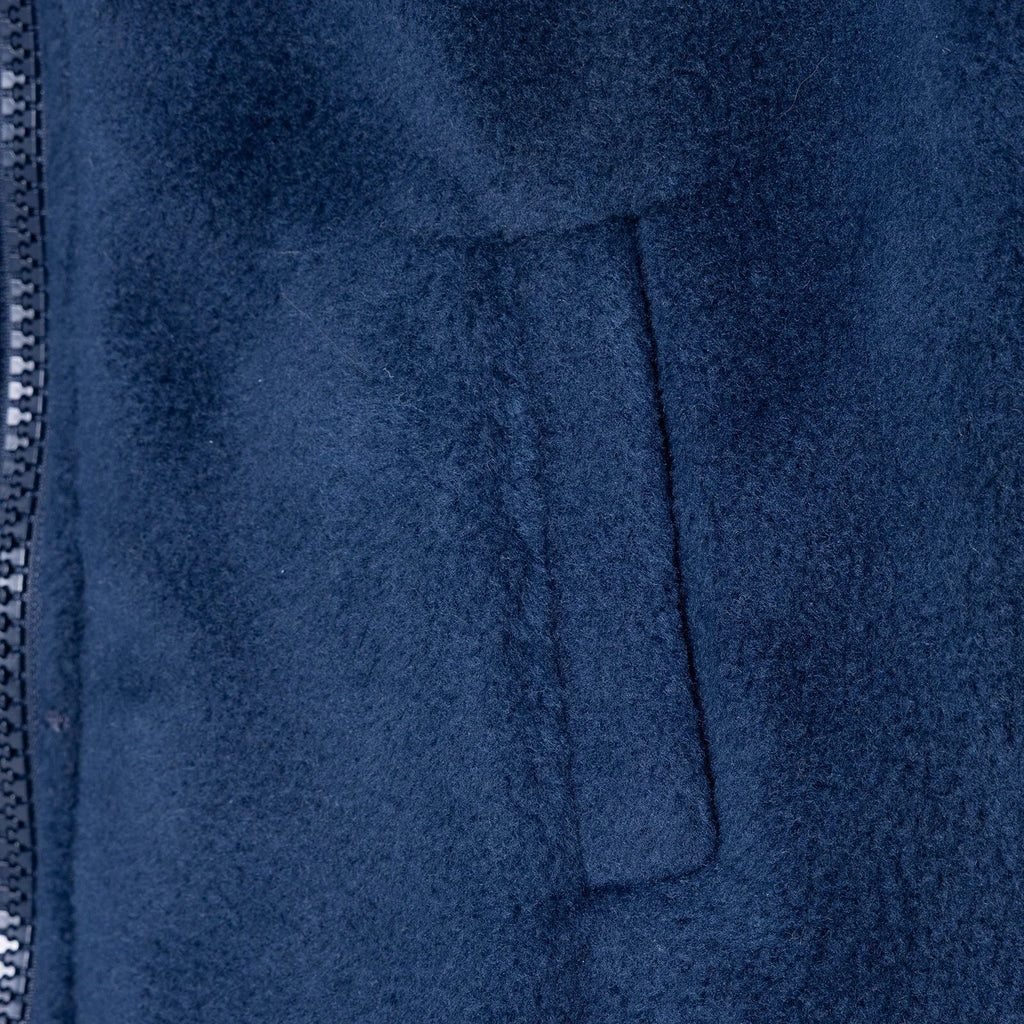 Navy blue fleece gilet close-up of pocket panel