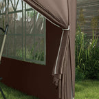 Coffee gazebo side window panel with draped curtain trim and gathered fabric edge