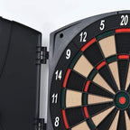 Black dartboard face with numbered rings and hinged side cabinet, close-up