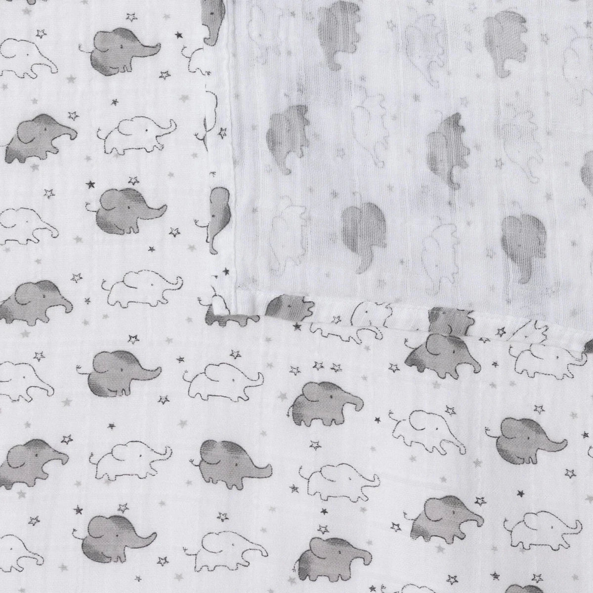 White muslin blanket featuring all-over gray elephants with tiny star accents