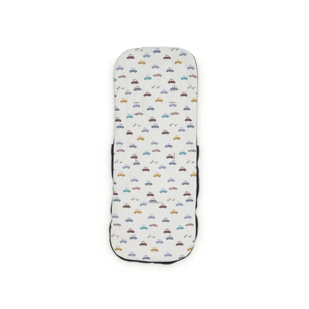 White car-print stroller liner with padded center, removable cover