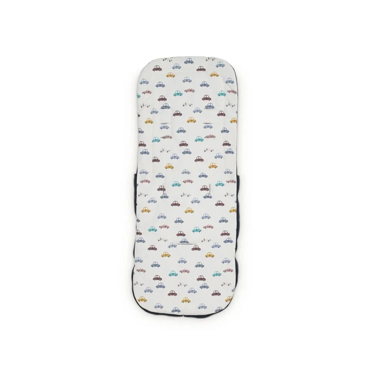 White car-print stroller liner with padded center, removable cover