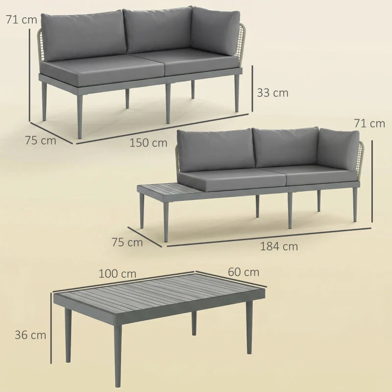 Grey rattan sofa with armrests and matching rectangular coffee table, shown with sizes