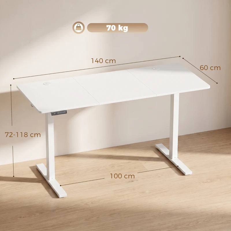 White sit-stand desk with open base, measured tabletop and clear leg supports