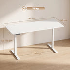White sit-stand desk with open base, measured tabletop and clear leg supports