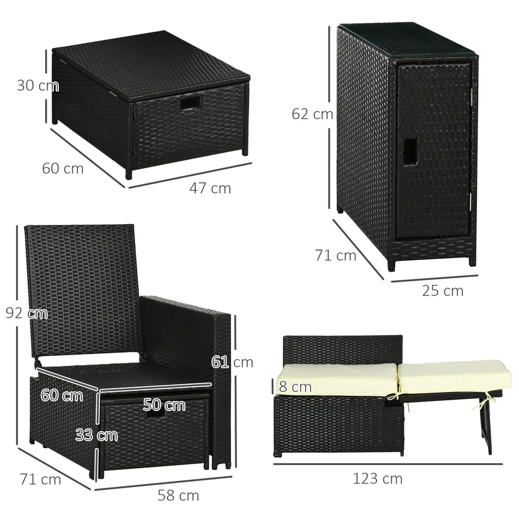 5PC PE Rattan Sun Lounger, Outdoor Wicker 5-level Adjustable Recliner Sofa Bed with Storage Side Table and Footstools, for Patio, Garden, Poolside, Black - Bobobiy