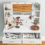 White vanity desk set with lighted mirror, drawers, and side storage shelves