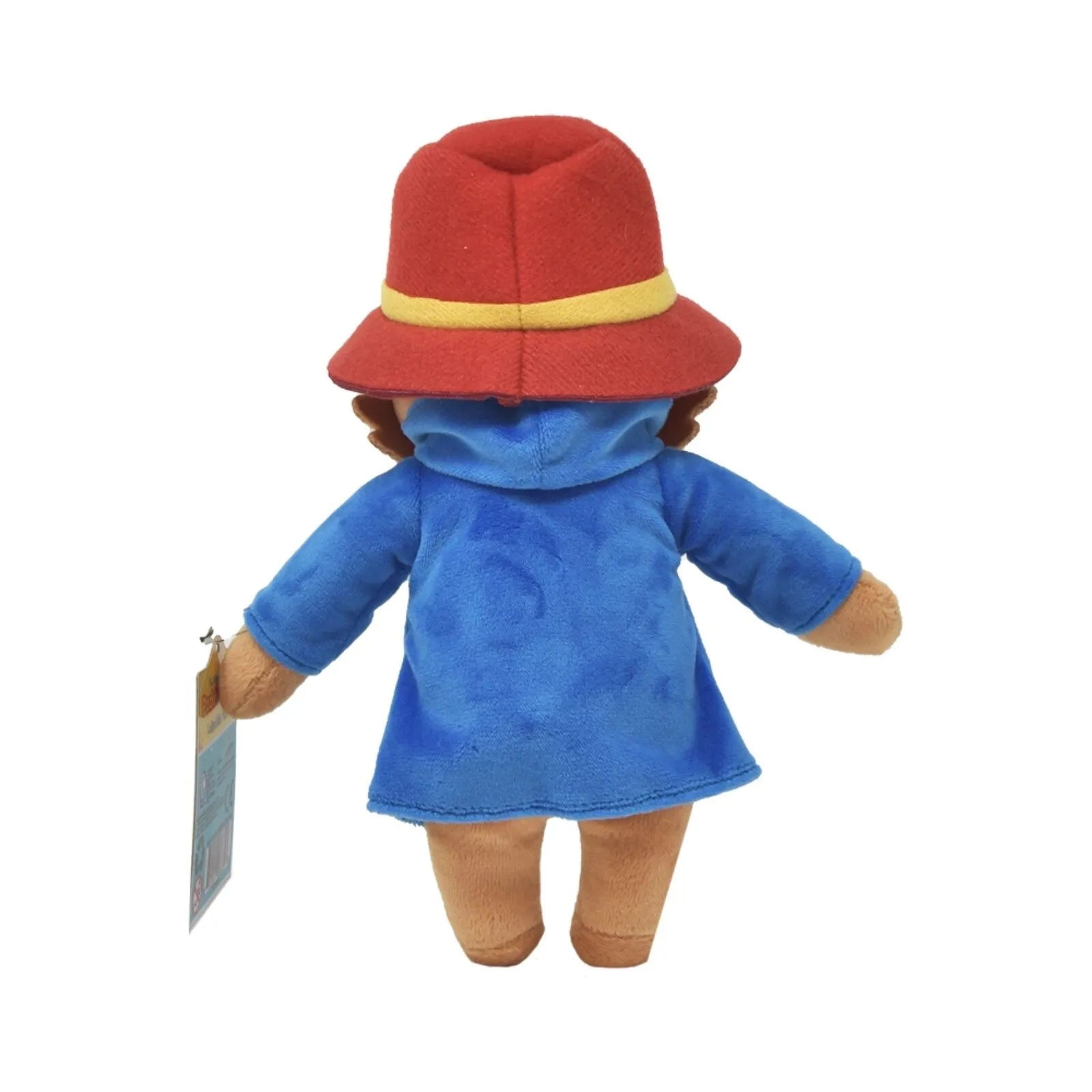 Paddington plush bear from behind wearing red hat and blue hooded coat