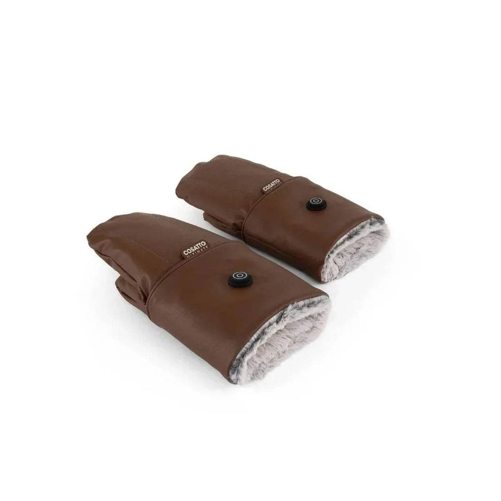 Tan heated snuggle mitts with grey faux-fur cuffs and round heat control button