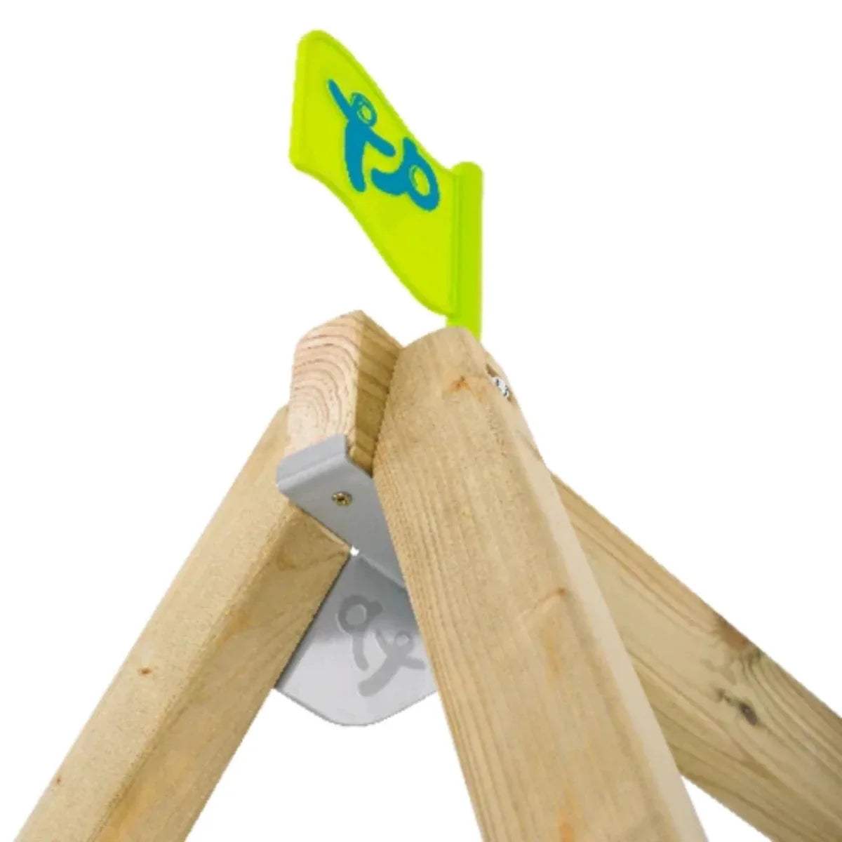 Wooden swing set frame with green character sign and metal bracket