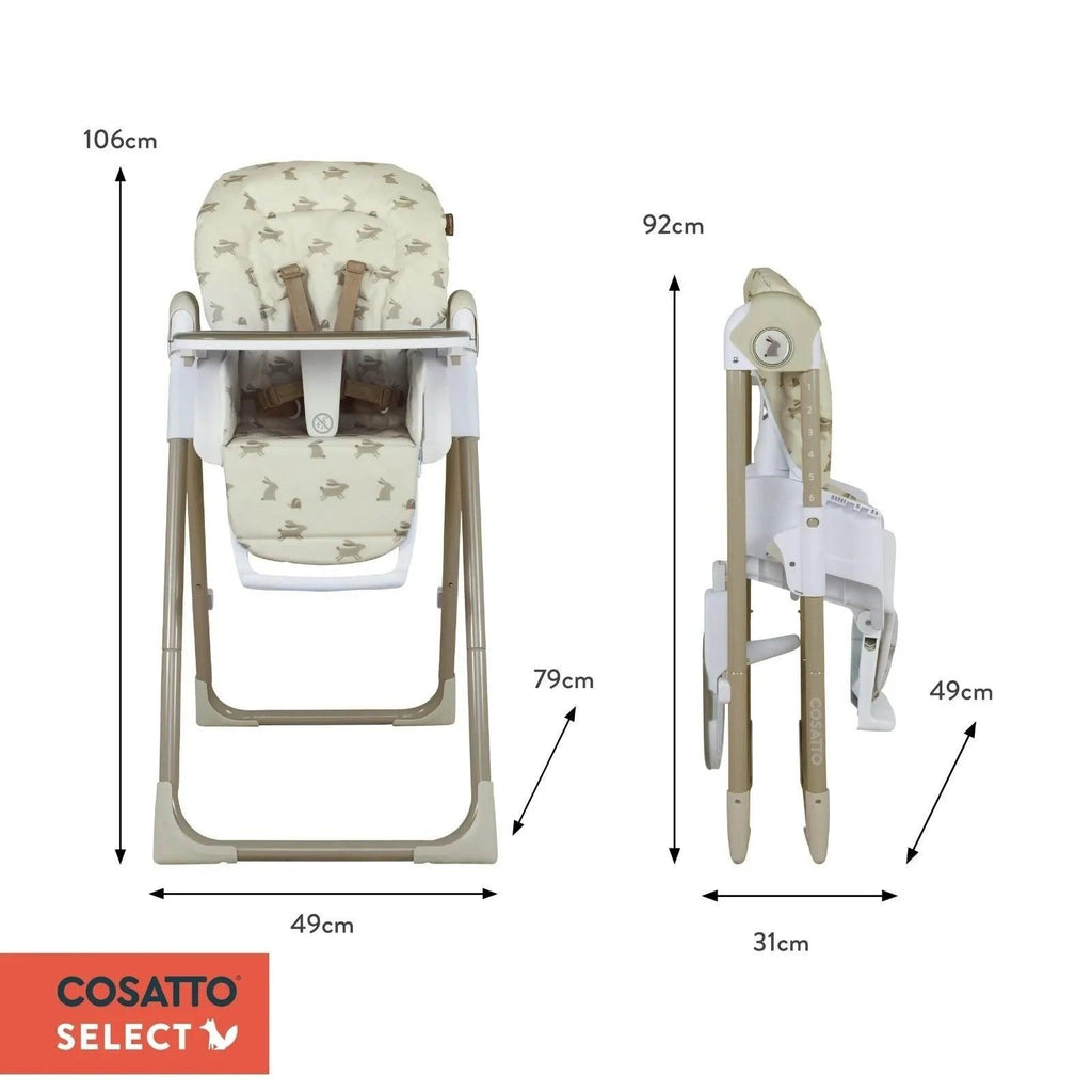 Light beige baby highchair with animal-print seat, front tray and adjustable harness