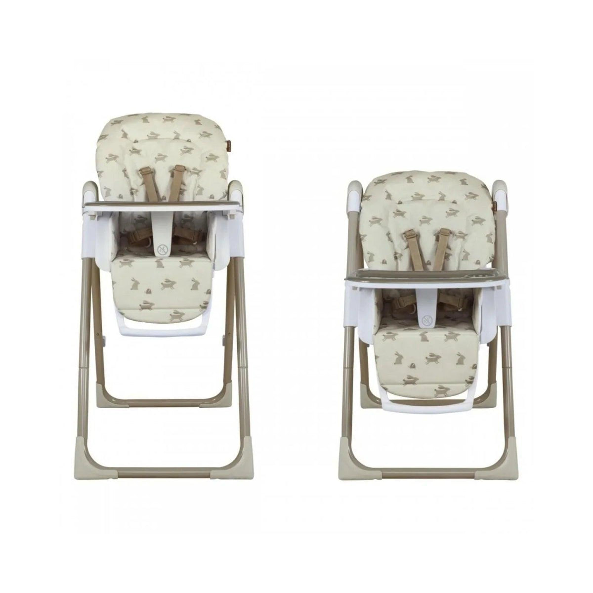 Two baby highchairs with cream animal print cushions and white trays, front views.