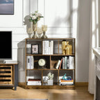 Rustic brown 3-tier bookcase with open cubby shelves, styled with books and decor