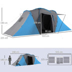 Blue and gray tunnel camping tent with front door open