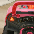 Pink toy truck with open hood showing steering wheel, gauges, and glowing hazard light.