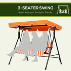 Orange 3-seater garden swing chair with canopy and striped cushions, three-person seating look