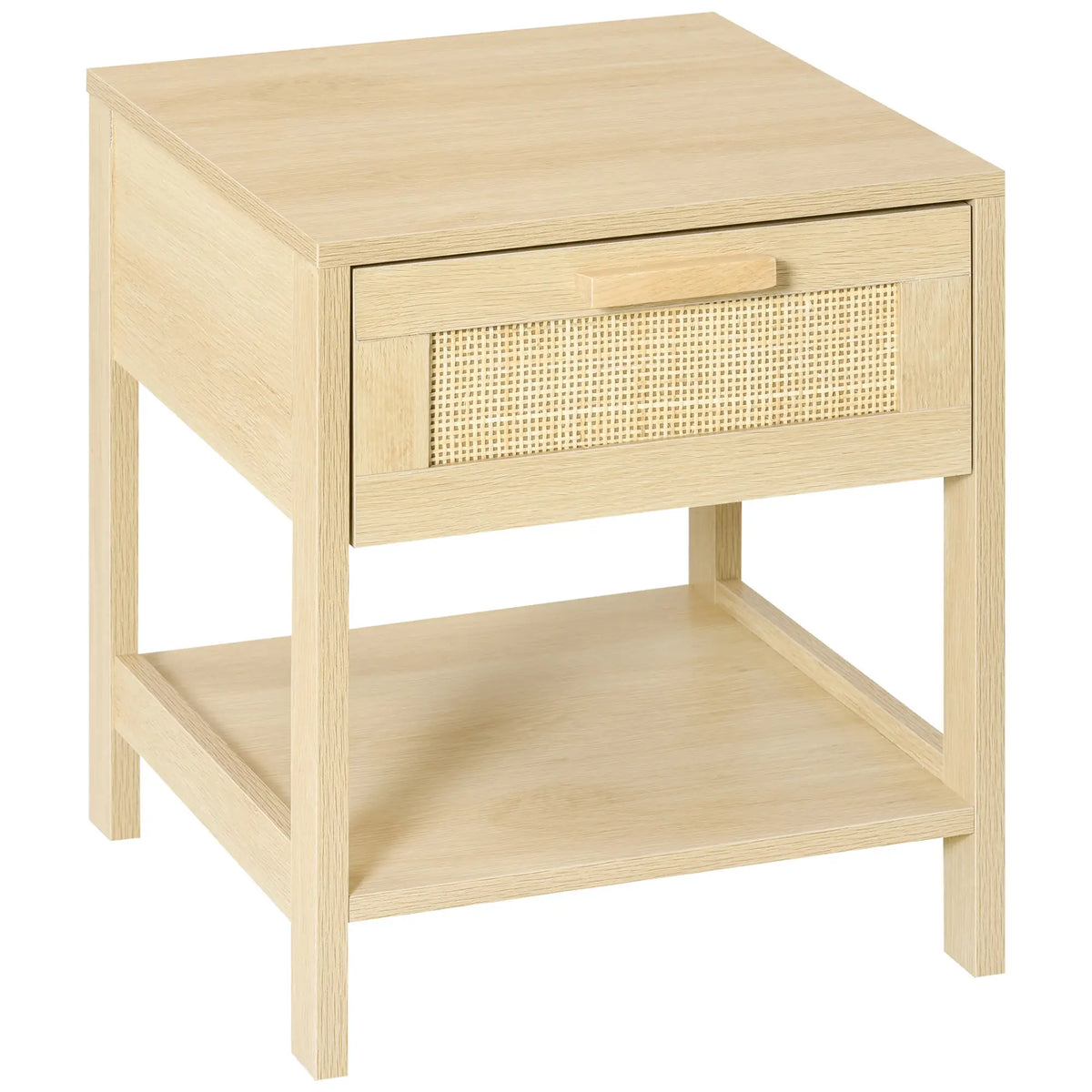 Natural wood nightstand with woven rattan drawer and open lower shelf