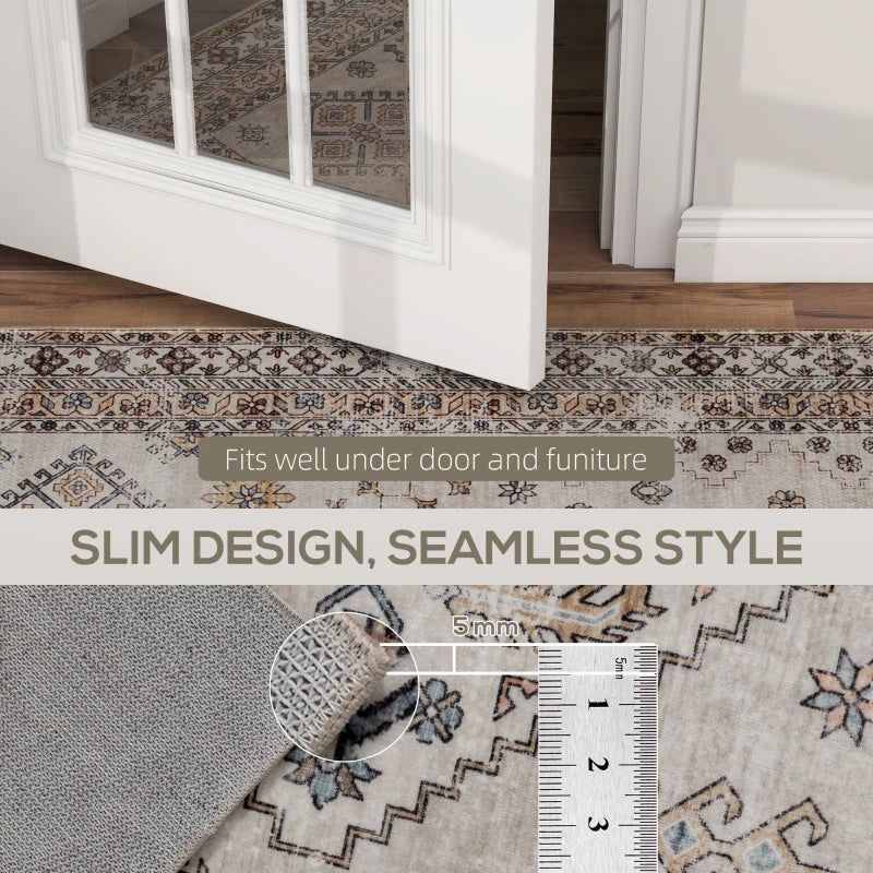 Beige rug edge close-up with slim profile and bordered vintage medallion pattern